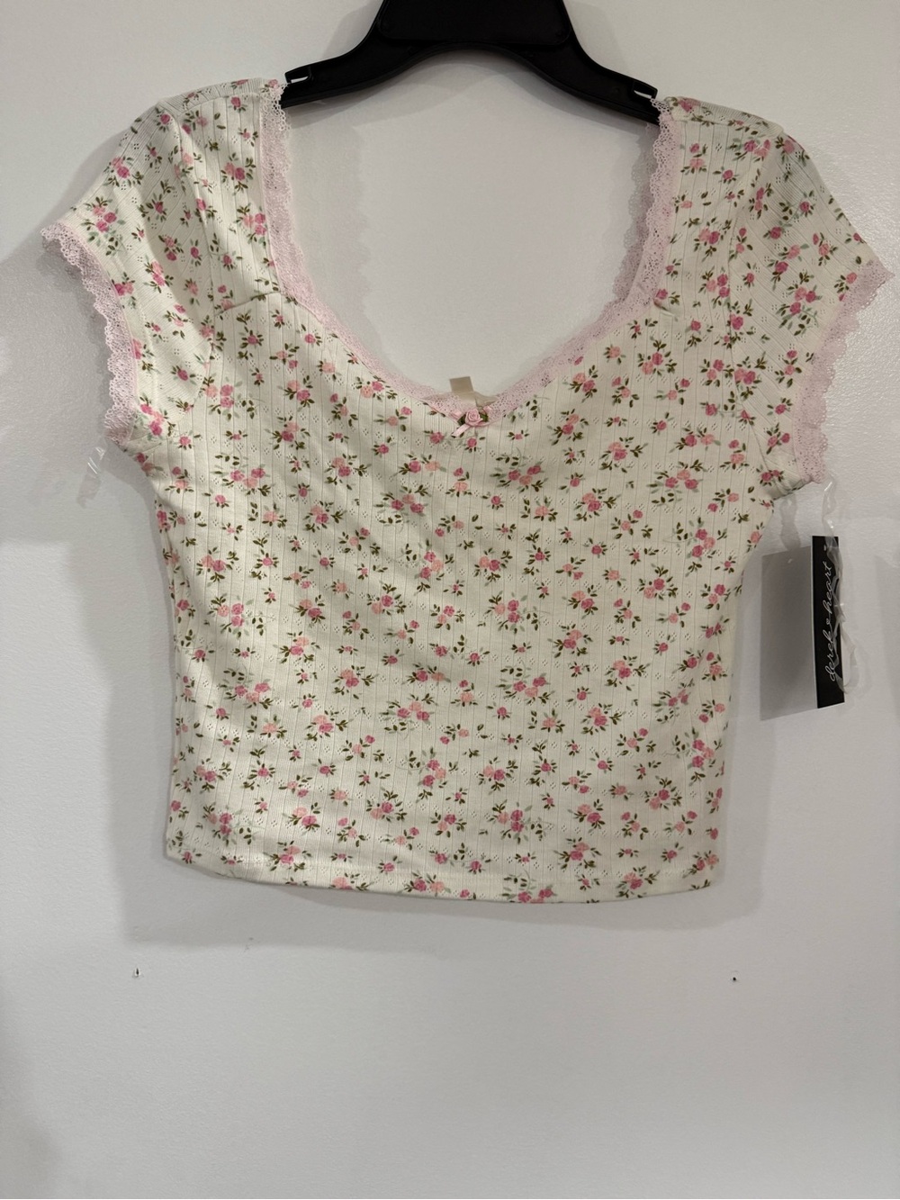 Derek Heart Cream Crop Top with Pink Floral Print